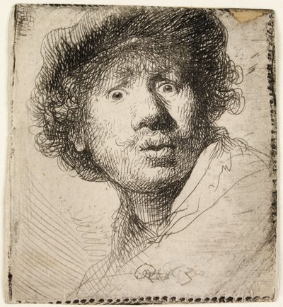 Selbstporträt mit Mütze: mit offenem Mund, 1630 von Rembrandt van Rijn