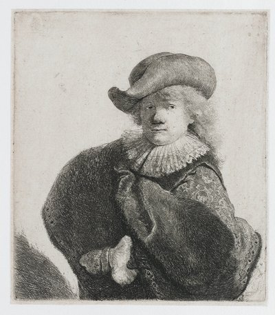 Selbstporträt mit weichem Hut und gemustertem Umhang von Rembrandt van Rijn
