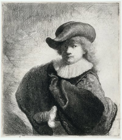 Selbstporträt mit weichem Hut und besticktem Umhang von Rembrandt van Rijn
