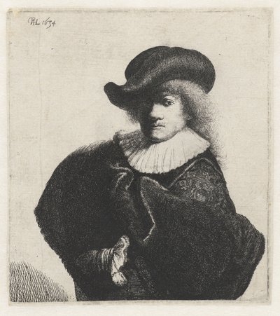 Selbstporträt mit weichem Hut und besticktem Umhang, 1634 von Rembrandt van Rijn