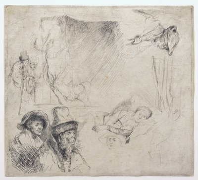 Blatt mit Studien (mit einer Frau, die krank im Bett liegt) von Rembrandt van Rijn