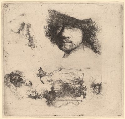 Blatt mit Studien, einschließlich Kopf des Künstlers, ein Bettlerpaar, Köpfe eines alten Mannes und einer alten Frau von Rembrandt van Rijn