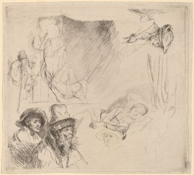 Blatt mit Studien, darunter eine Frau, die krank im Bett liegt von Rembrandt van Rijn