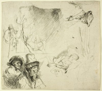 Blatt mit Studien, mit einer Frau, die krank im Bett liegt von Rembrandt van Rijn