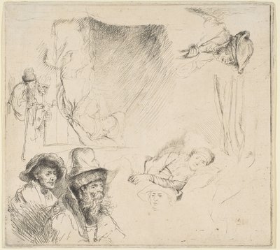 Blatt mit Studien einer im Bett liegenden kranken Frau, etc., ca. 1641-42 von Rembrandt van Rijn