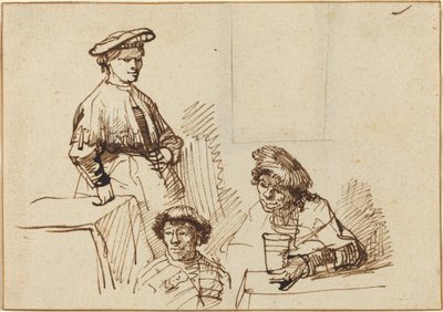 Skizzen aus einer Taverne: Stehende Frau und zwei sitzende Männer von Rembrandt van Rijn