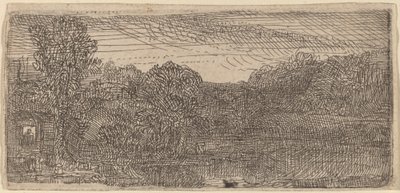 Kleine graue Landschaft: ein Haus und Bäume neben einem Teich von Rembrandt van Rijn