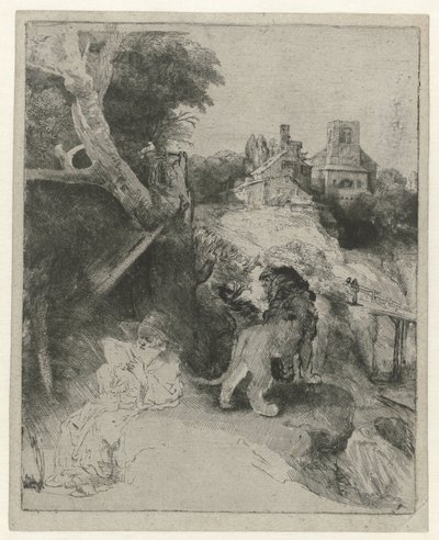 Der heilige Hieronymus liest in einer italienischen Landschaft von Rembrandt van Rijn