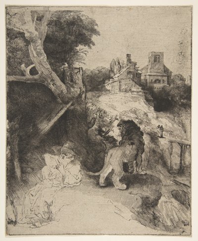 St. Hieronymus liest in einer italienischen Landschaft, ca. 1653 von Rembrandt van Rijn
