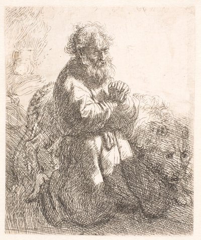 Der heilige Hieronymus kniend im Gebet, nach unten blickend von Rembrandt van Rijn