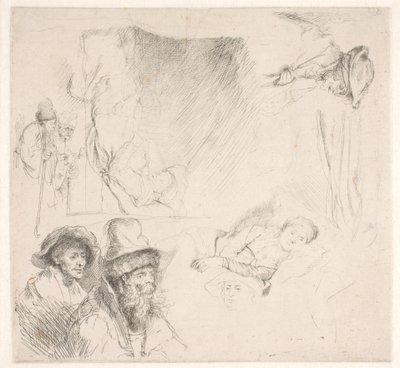 Studienblatt, u.a. mit einer bettlägerigen Frau von Rembrandt van Rijn