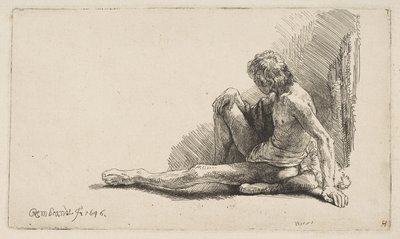 Studie vom Akt: Mann sitzt auf dem Boden, ein Bein ausgestreckt, 1646 von Rembrandt van Rijn