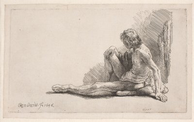 Studie vom Akt: Mann sitzt auf dem Boden mit einem ausgestreckten Bein von Rembrandt van Rijn