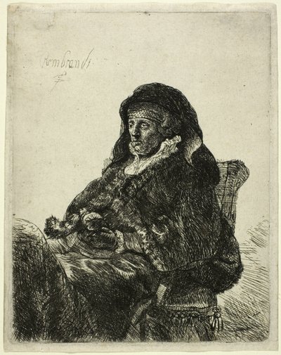 Die Mutter des Künstlers an einem Tisch sitzend, nach rechts blickend: Dreiviertellänge von Rembrandt van Rijn