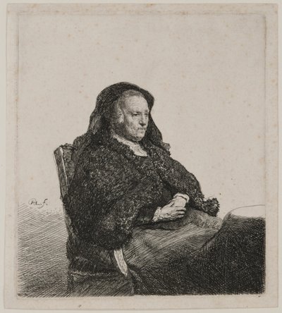 Die Mutter des Künstlers sitzt an einem Tisch, schaut nach rechts: Dreiviertellänge von Rembrandt van Rijn