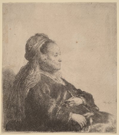 Die Mutter des Künstlers sitzend, mit orientalischem Kopfschmuck von Rembrandt van Rijn