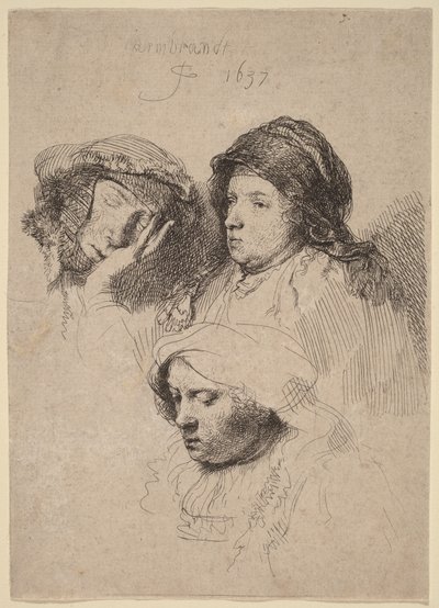 Drei Frauenköpfe, eine schläft von Rembrandt van Rijn