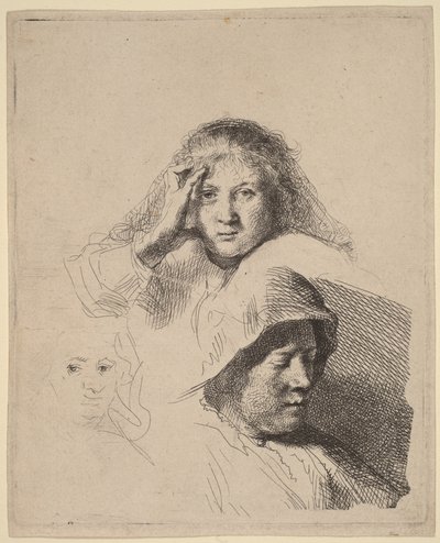 Drei Frauenköpfe, einer leicht radiert von Rembrandt van Rijn