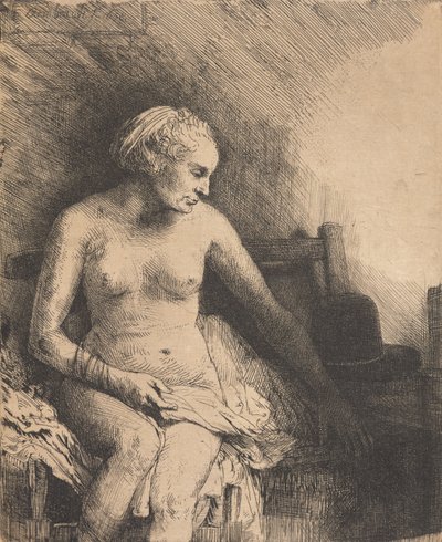 Frau beim Bad mit einem Hut neben ihr von Rembrandt van Rijn