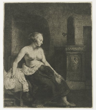 Frau sitzt halb angezogen neben einem Ofen von Rembrandt van Rijn
