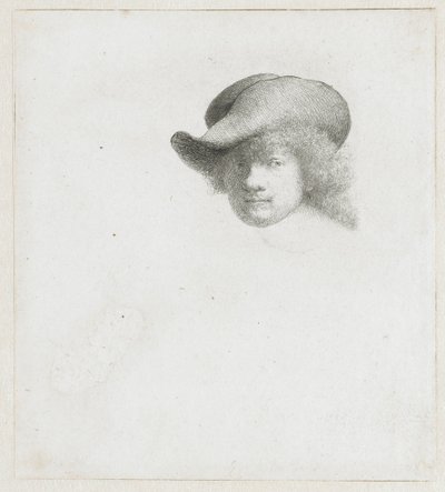 Selbstporträt mit schlaffem Hut und verzierter Mantel von Rembrandt van Rijn