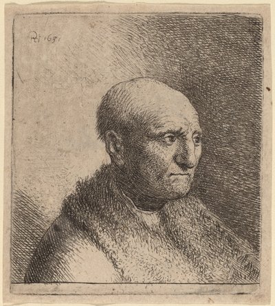 Glatzköpfiger Mann in einem Pelzmantel von Rembrandt van Rijn and Studio of Rembrandt