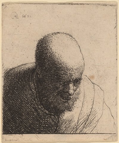 Kahlköpfiger Mann mit offenem Mund, nach unten blickend von Rembrandt van Rijn and Studio of Rembrandt