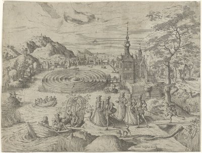 Landschaft mit Gesellschaft, die in ein Boot steigt von Remigius Hogenberg