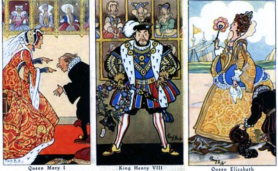 König Heinrich VIII. mit seinen beiden Töchtern, Maria I. und Elisabeth I., 1936 von René Bull
