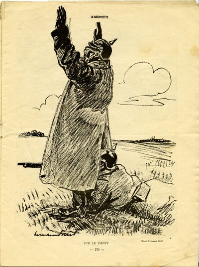 An der Kriegsfront, ein deutscher Soldat gibt vor, sich zu ergeben, während ein anderer die Gelegenheit nutzt, um unter seinem Mantel zu schießen von Rene George Hermann Paul