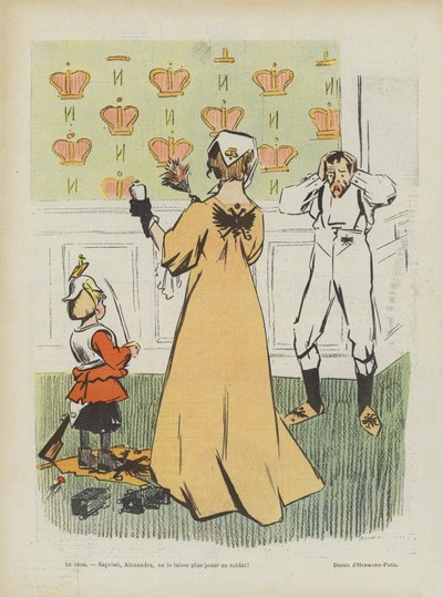 Satire auf Russlands Niederlage im Russisch-Japanischen Krieg. Illustration für Le Rire von Rene George Hermann Paul