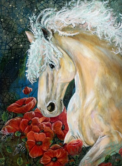 Träumendes Pferd und Mohnblumen von Renee Machan Cottagecore Artist