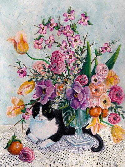 Frühlingsblüten der Tuxedo-Katze von Renee Machan Cottagecore Artist