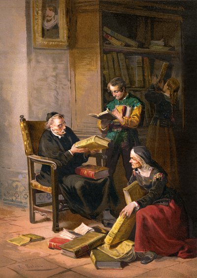 Der Priester Pero Perez und der Barbier Nicolas inspizieren die Bücher in Don Quijotes Bibliothek von Ricardo Balaca