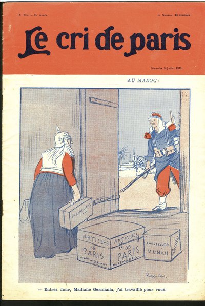 Illustration von Ricardo Flores (1878-1918) für das Titelblatt von Le Cri de Paris, 09/07/11 - „Treten Sie ein, liebe Dame, ich habe für Sie gearbeitet.“ - Deutschland Preußen, Marokko, Maghreb - Germania von Ricardo Flores