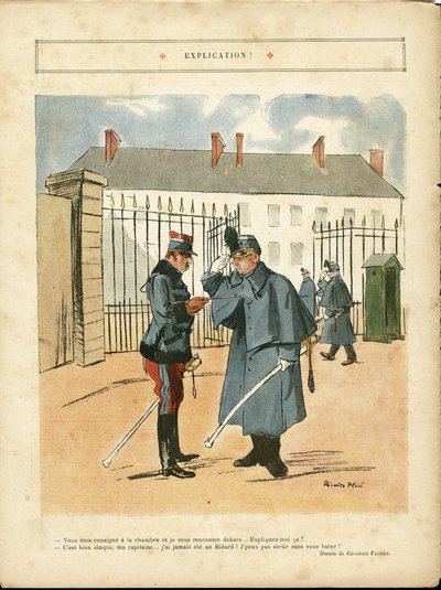 Illustration von Ricardo Flores (1878-1918) in Le Lire, 23/04/10 - Erklärung - Armee, Kasernen von Ricardo Flores