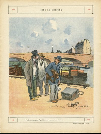 Illustration von Ricardo Flores (1878-1918) in Le Rire - Beim Friseur - Paris, Berufe, Architektur Urbanismus, Brücke, Fluss - Hund, Friseur von Ricardo Flores
