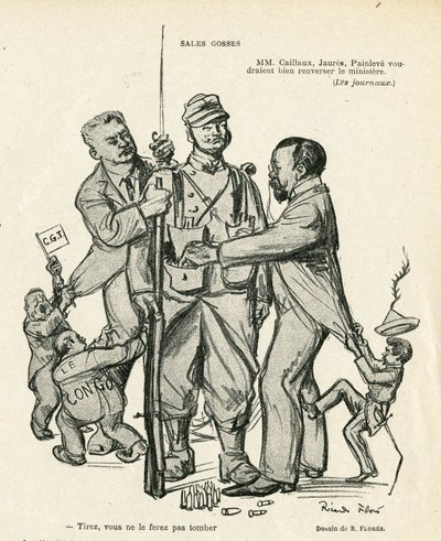 Illustration von Ricardo Flores (1878-1918) in Le Rire, 21/06/13 - Verkaufskinder - Armee, Militärdienst, Sozialismus - Jaurès Jean, Caillaux Joseph (1863-1944), Painlevé Paul (1863-1933) von Ricardo Flores