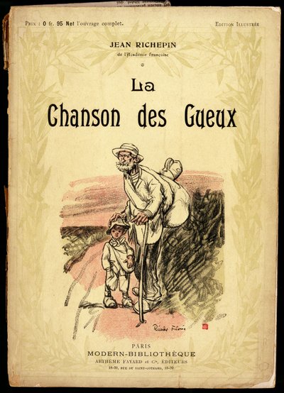Alter Mann und kleiner Junge, tragen Reiseknoten und in Lumpen gewickelte Schuhe, auf einer Straße, Illustration von Ricardo Flores (gestorben 1918), für das Titelbild der Text- und Gedichtsammlung "La chanson des gueux", von Jean Richepin (1849-1926), dem von Ricardo Flores