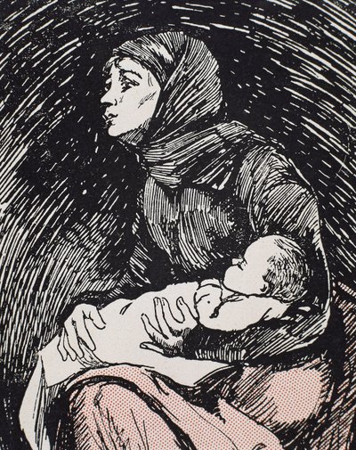 Heiligabend. 1900. Eine magere Frau mit ihrem Kind im Arm (Gravur) von Ricardo Maria Navarrete