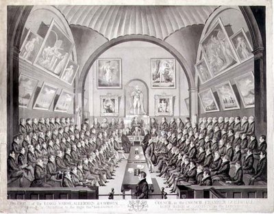 Der Lord Mayor, Aldermen und Common Council im Ratssaal des Guildhall, London, graviert von Thomas Sutherland, veröffentlicht 1825 von Richard (after) Dighton