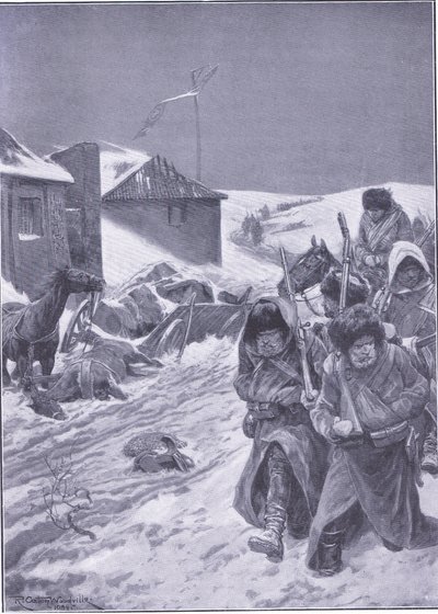 Der unendliche Marsch nach Osten: Ein vertrauter Anblick auf dem Weg, Illustration aus Cassells Geschichte des Russisch-Japanischen Krieges Band 1, ca. 1900 von Richard Caton Woodville