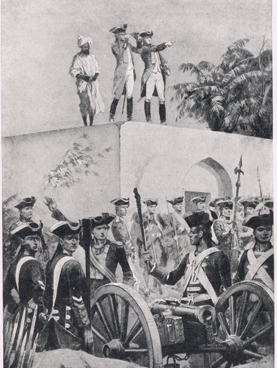 Schlacht von Plessey, 23. Juni 1757: Clive auf dem Dach der Jagdhütte von Nawab Surat-ud-Daula, Illustration aus Britische Schlachten zu Land und zu Wasser, 1915 von Richard Caton Woodville junior