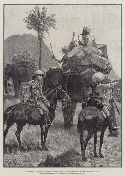 Unsere Truppen in Birma, berittene Infanterie mit Gepäckelefanten überquert die Shan-Hügel von Richard Caton Woodville junior