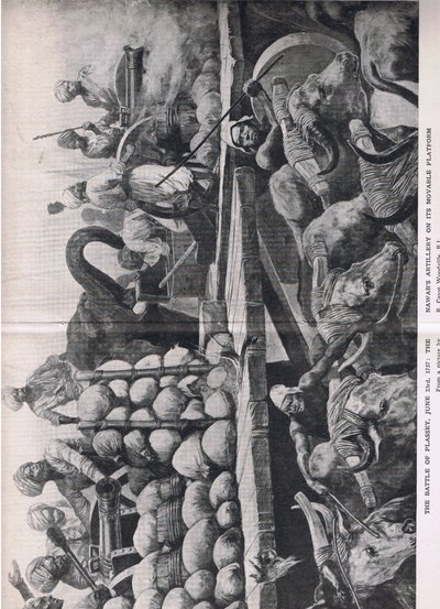 Die Schlacht von Plessey 23. Juni 1757: Die Artillerie des Nawabs auf ihrer beweglichen Plattform, Illustration aus Britische Schlachten zu Land und zu Wasser, 1915 von Richard Caton Woodville junior