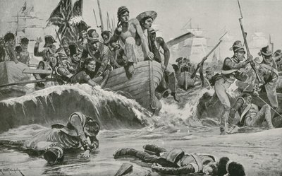 Die britischen Truppen erzwingen eine Landung in der Aboukir-Bucht vor den französischen Batterien von Richard Caton Woodville junior