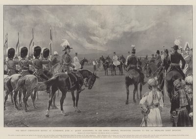 Die große Krönungsparade in Aldershot, 16. Juni, Königin Alexandra, in Abwesenheit des Königs, überreicht Fahnen an das 2. Highland Light Infantry von Richard Caton Woodville junior