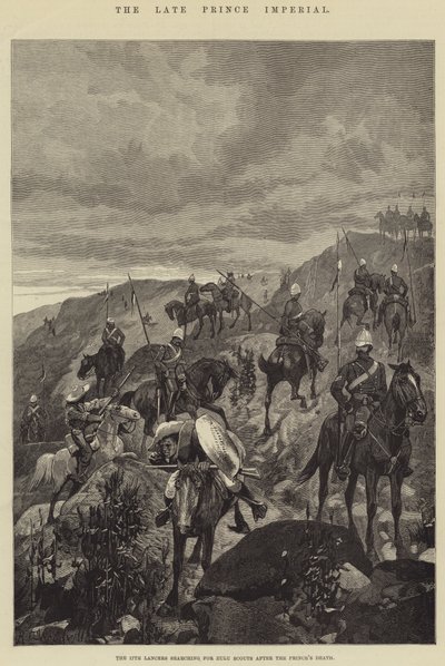 Der verstorbene Prinz Imperial, die 17. Lanzenreiter suchen nach Zulu-Spähern nach dem Tod des Prinzen von Richard Caton Woodville junior