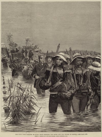 Der Zulukrieg, Matrosen der HMS Shah überqueren den Fluss zur Entlastung von Ekowe von Richard Caton Woodville junior