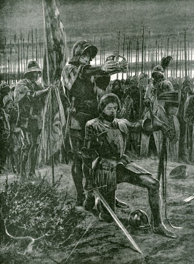 Die informelle Krönung von Heinrich VII. durch Lord Stanley auf dem Schlachtfeld von Bosworth, 22. August 1485 von Richard Caton Woodville junior